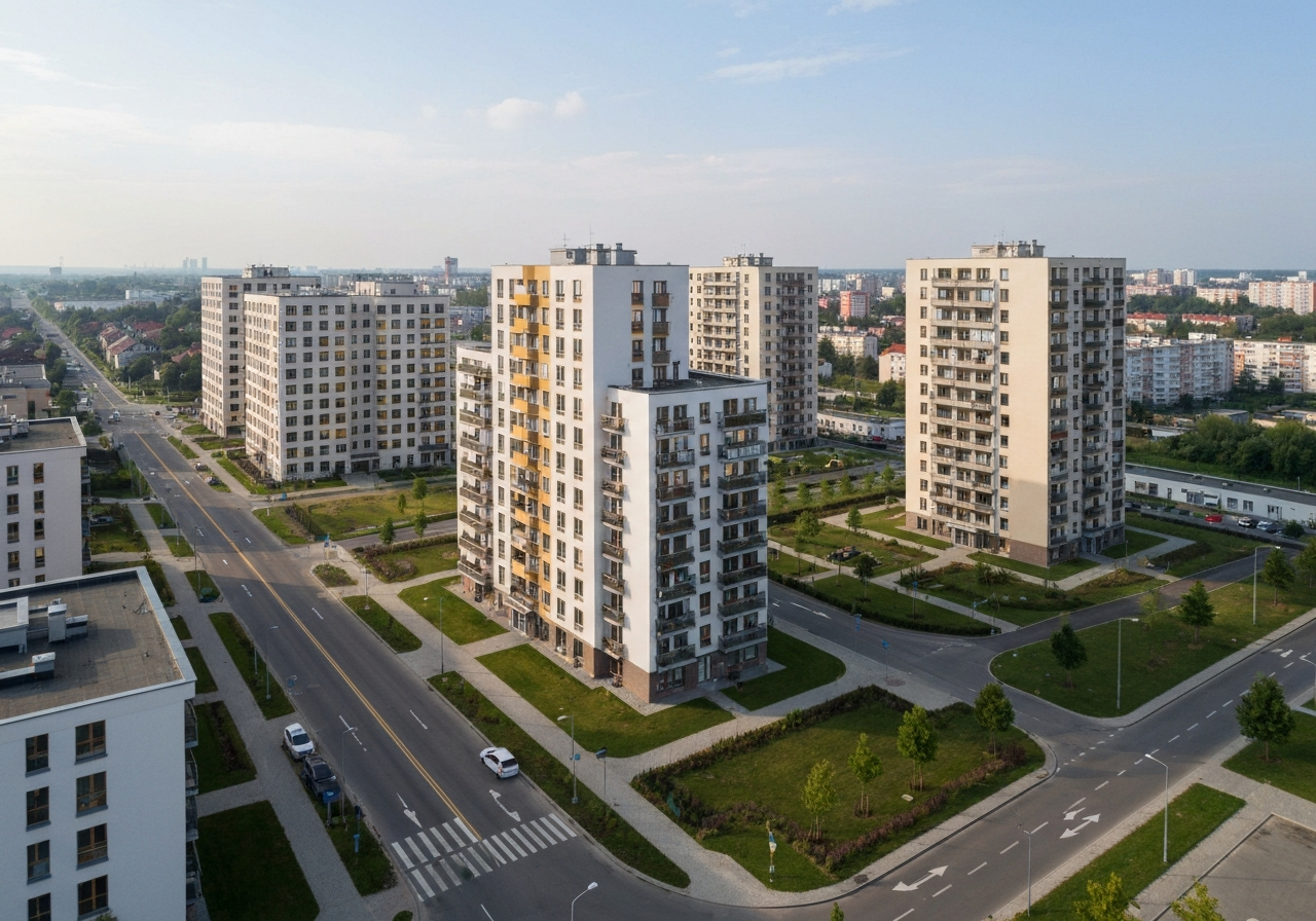 Aerial view of a modern residential district in Trenčín Juh, clean urban planning, high-rise apartment buildings, neat paved streets, soft natural morning light, editorial photography, 85mm lens, high resolution, no text, no words, no letters.