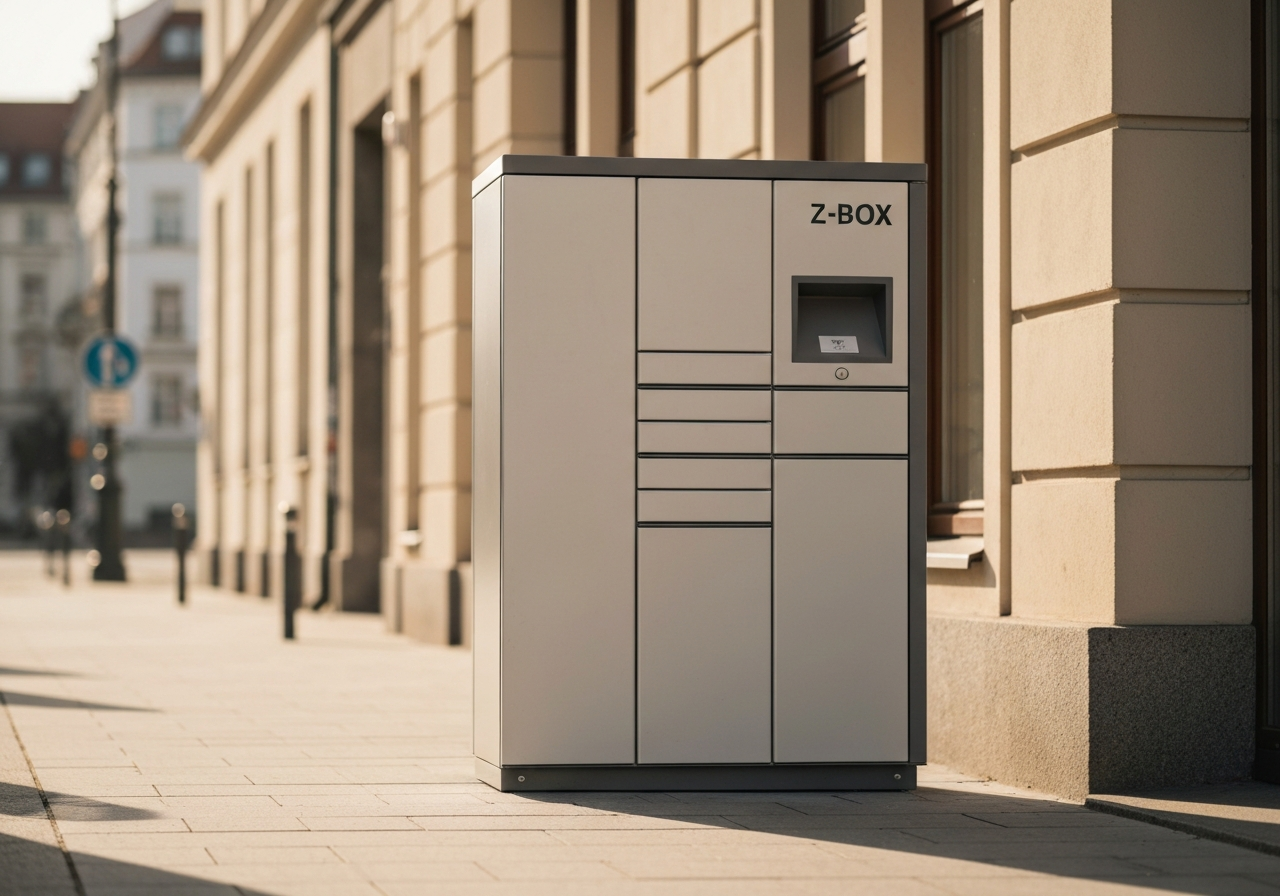 A modern, minimalist Z-BOX parcel locker standing on a clean sidewalk in a sunlit Prague 6 neighborhood, editorial photography, soft natural light, 85mm lens, depth of field, premium aesthetic, no text, no words, no letters.