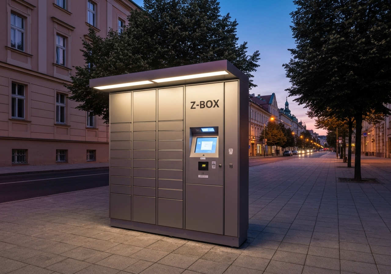 A modern Z-BOX automated parcel locker station located on a clean street in Dejvice, Prague, at dusk, glowing interface, premium architectural photography, 85mm lens, sharp focus, no text, no words, no letters