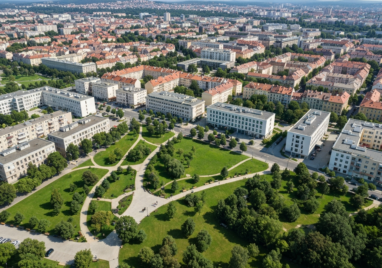 Aerial view of the modern Uhříněves district in Prague, clean urban landscape with green parks and residential areas, bright sunny day, editorial photography style, 85mm lens, high quality, no text, no words, no letters.