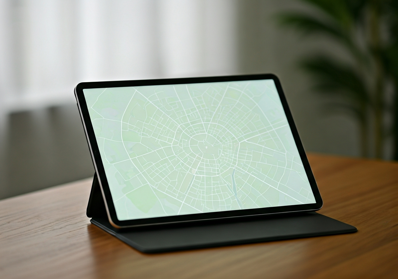 A professional nutritionist's desk with a clean digital tablet displaying an official geographic map of Prague, minimalist interior, soft natural light, premium editorial photography, 85mm lens, high detail, no text, no words, no letters.
