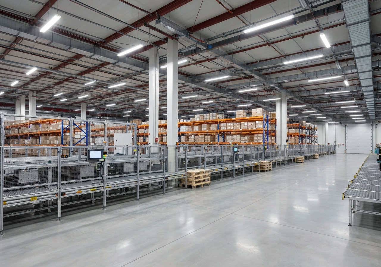 Modern logistics warehouse with automated sorting systems, clean industrial aesthetic, soft professional lighting, premium editorial photography, 85mm lens, high resolution, no text, no letters, no words