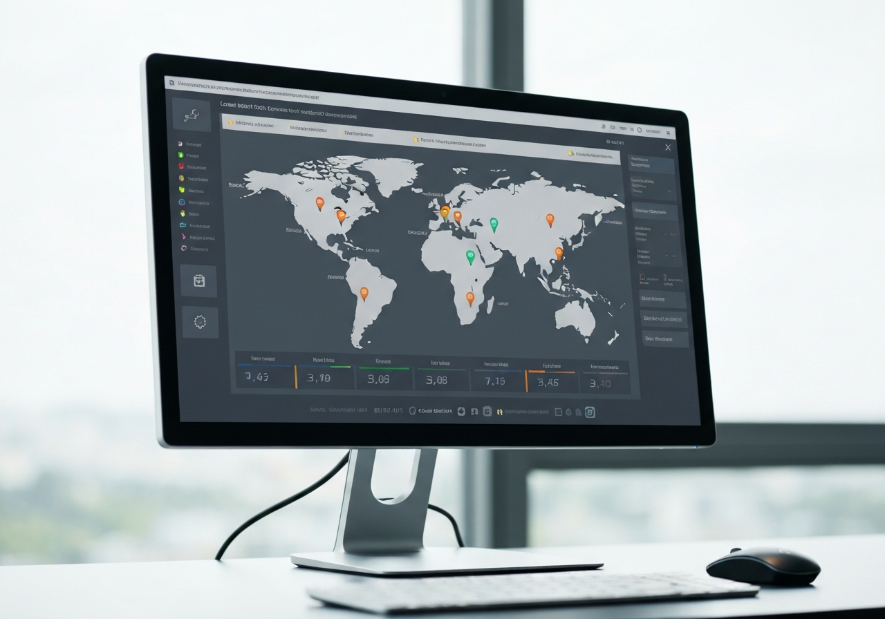 A professional logistics dashboard on a high-end monitor showing global tracking map with data points, clean modern office environment, professional editorial style, soft natural light, 85mm lens, highly detailed, no text, no words, no letters