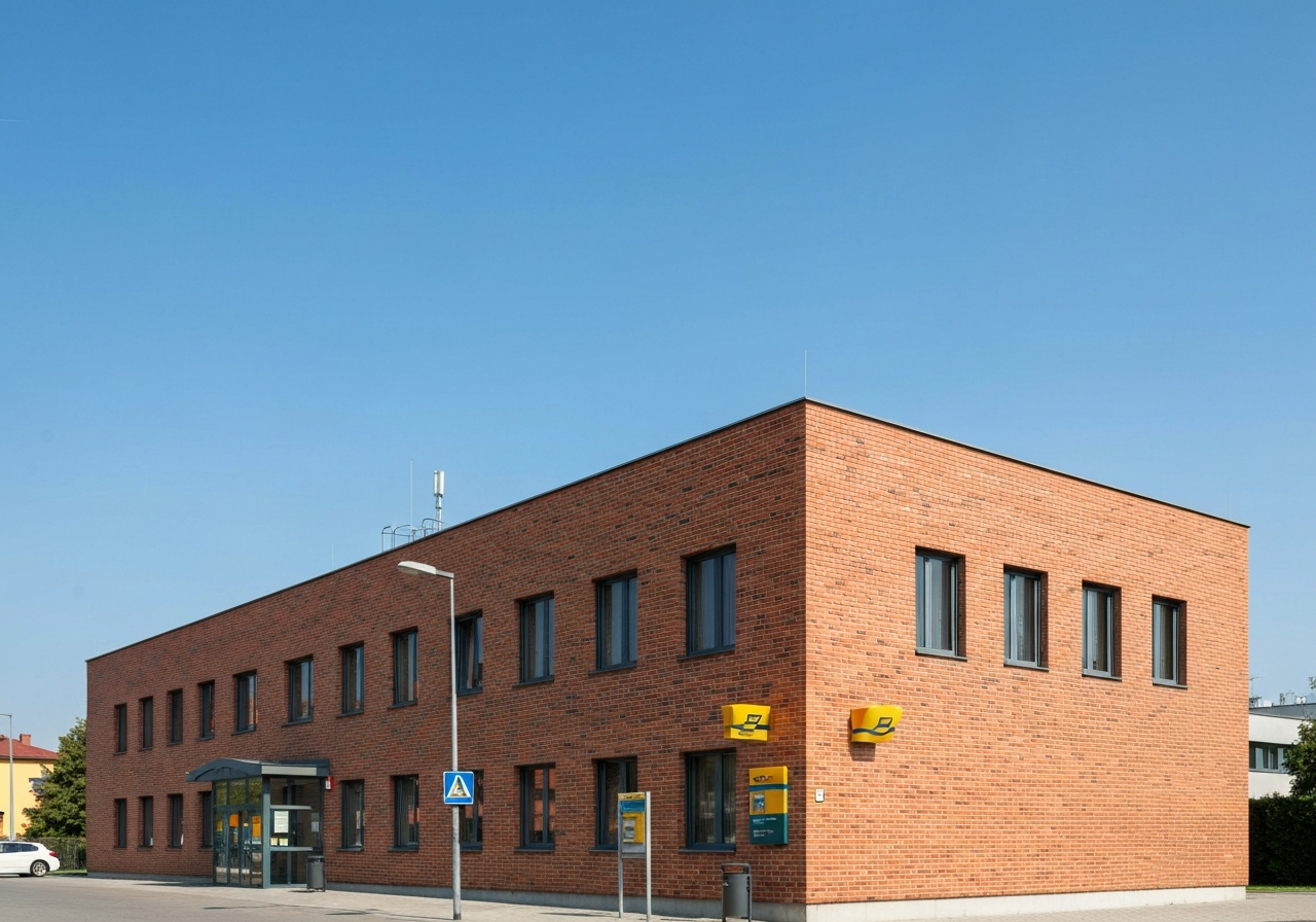 A professional, clean exterior view of a modern Czech post office branch, brick building architecture, bright daylight, editorial style, 85mm lens, high resolution, no text, no letters