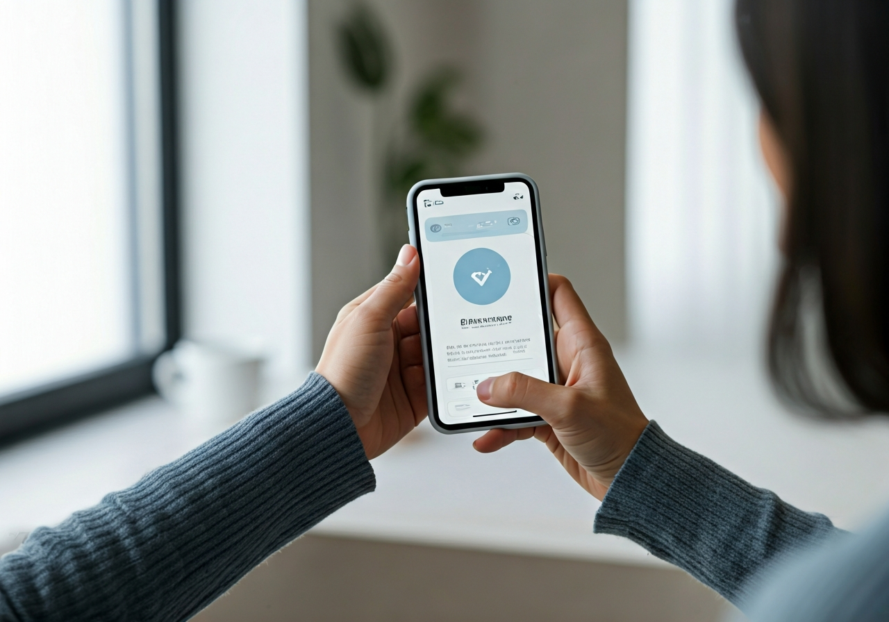 A professional person using a smartphone to track a parcel in a bright, modern, minimalist home office, soft natural light, 85mm lens, high resolution, professional editorial photography, no text, no letters, no words