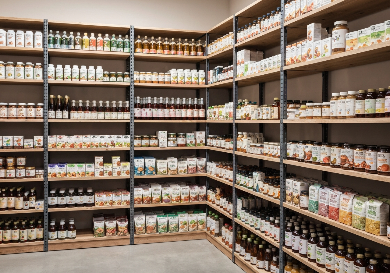 A professional logistics warehouse with organized shelves of health food products, modern clean aesthetic, editorial photography, soft natural light, 85mm lens, highly detailed, no text, no letters