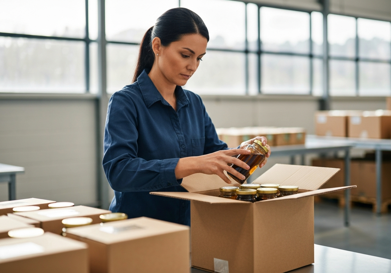 Professional warehouse worker carefully packing glass jars of organic oils into a reinforced cardboard box with eco-friendly padding, bright modern distribution center, editorial photography, soft natural light, 85mm lens, high detail, no text, no words, no letters