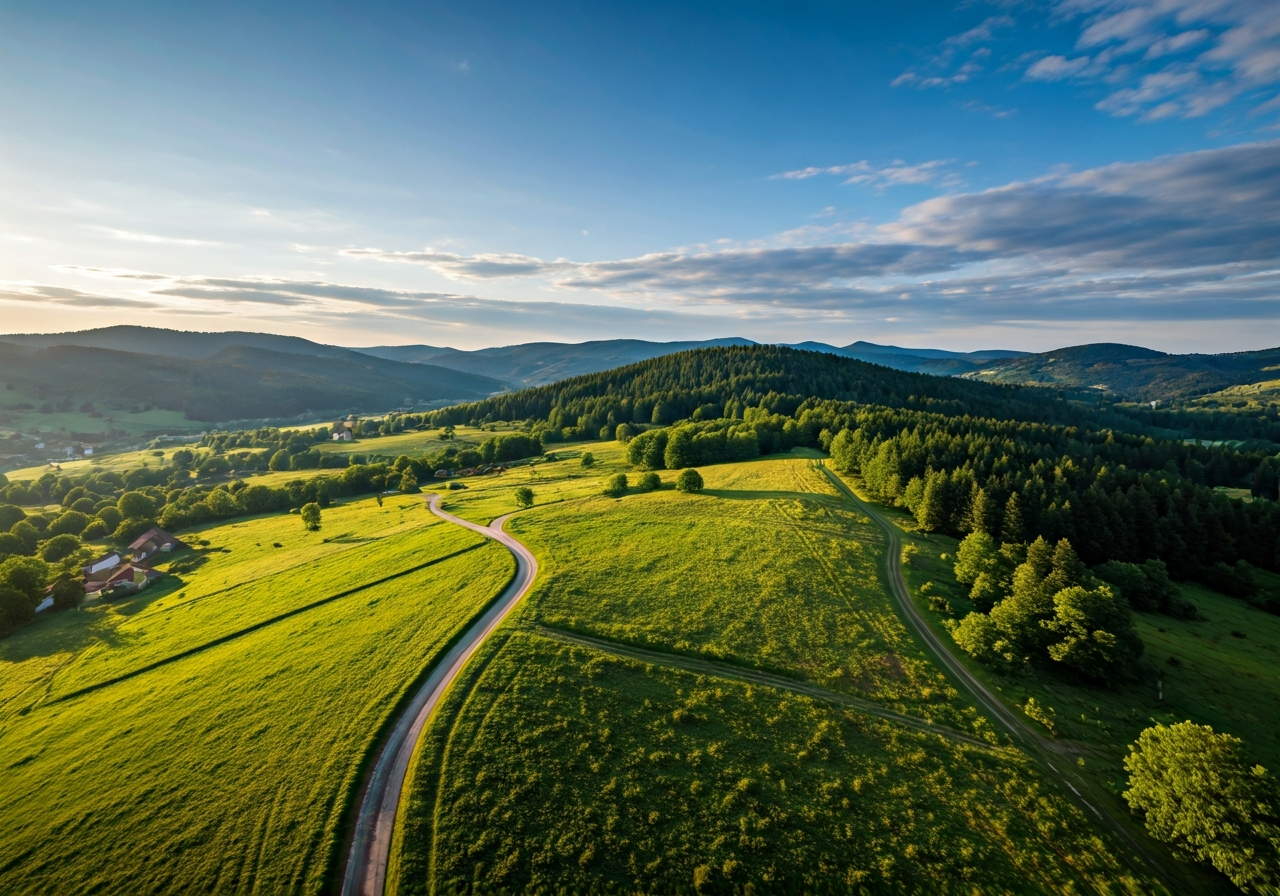 Aerial view of the village of Banka situated at the foothills of Považský Inovec, lush green landscape with a clear view of the Váh river valley near Piešťany, editorial photography, soft natural morning light, 85mm lens, high resolution, clean composition, no text, no letters