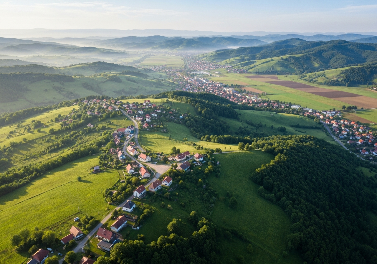 Aerial view of the Považský Inovec region with the village of Banka and the Piešťany spa area, vibrant green landscapes, crisp morning light, high-end travel editorial style, 85mm lens, no text, no words.