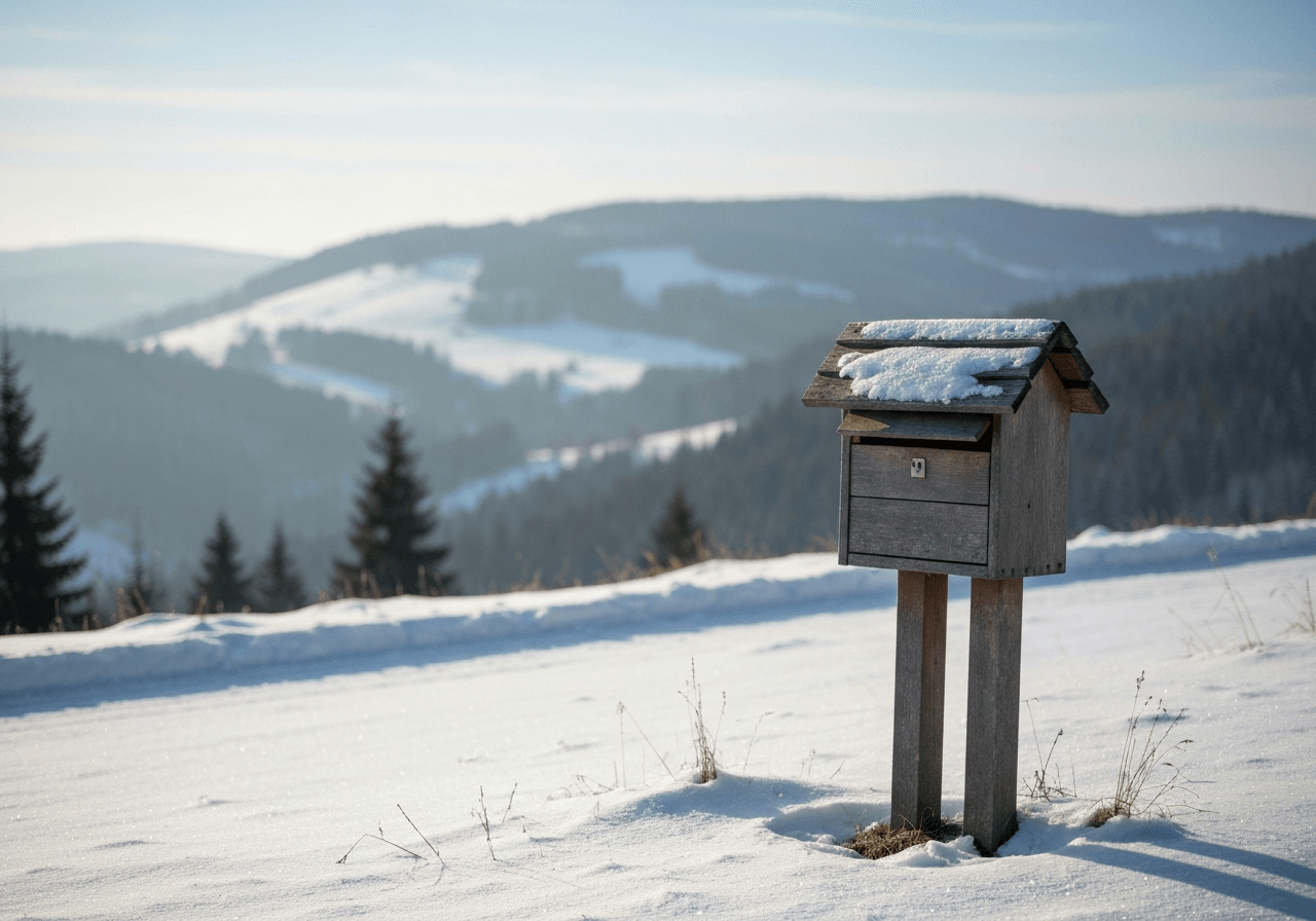 A professional, minimalist view of a rustic wooden mailbox in the snowy, mountainous landscape of Velké Karlovice, editorial photography, modern, premium quality, soft natural morning light, 85mm lens, depth of field, no text, no words, no letters