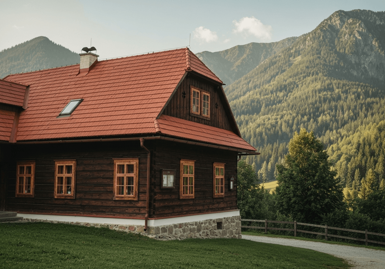 A high-quality editorial shot of a charming traditional wooden post office building in the Czech mountains, nestled in a lush green landscape under soft daylight, clean composition, 85mm lens, depth of field, premium aesthetic, no text, no words, no letters.