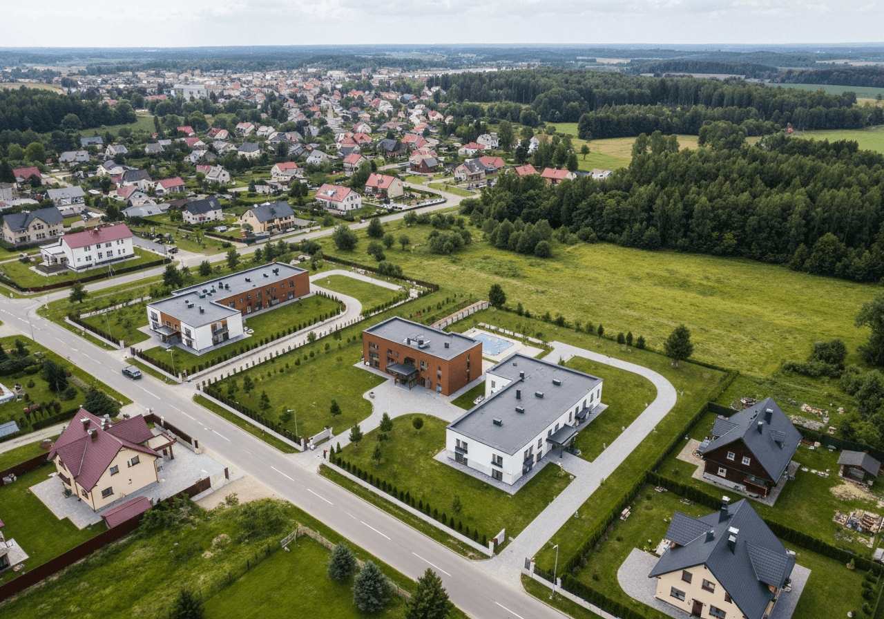 Aerial view of the Velký Týnec village landscape, clean infrastructure, modern rural Czech Republic, soft natural daylight, cinematic editorial photography, 85mm lens, high resolution, no text, no letters