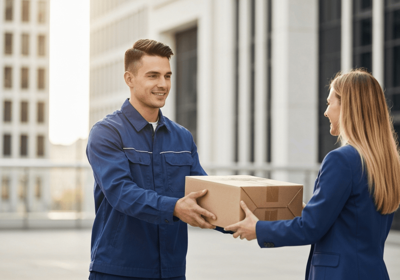 A professional logistics delivery worker handing over a cardboard parcel to a recipient, clean modern urban background, editorial photography, soft natural light, 85mm lens, high resolution, no text, no letters