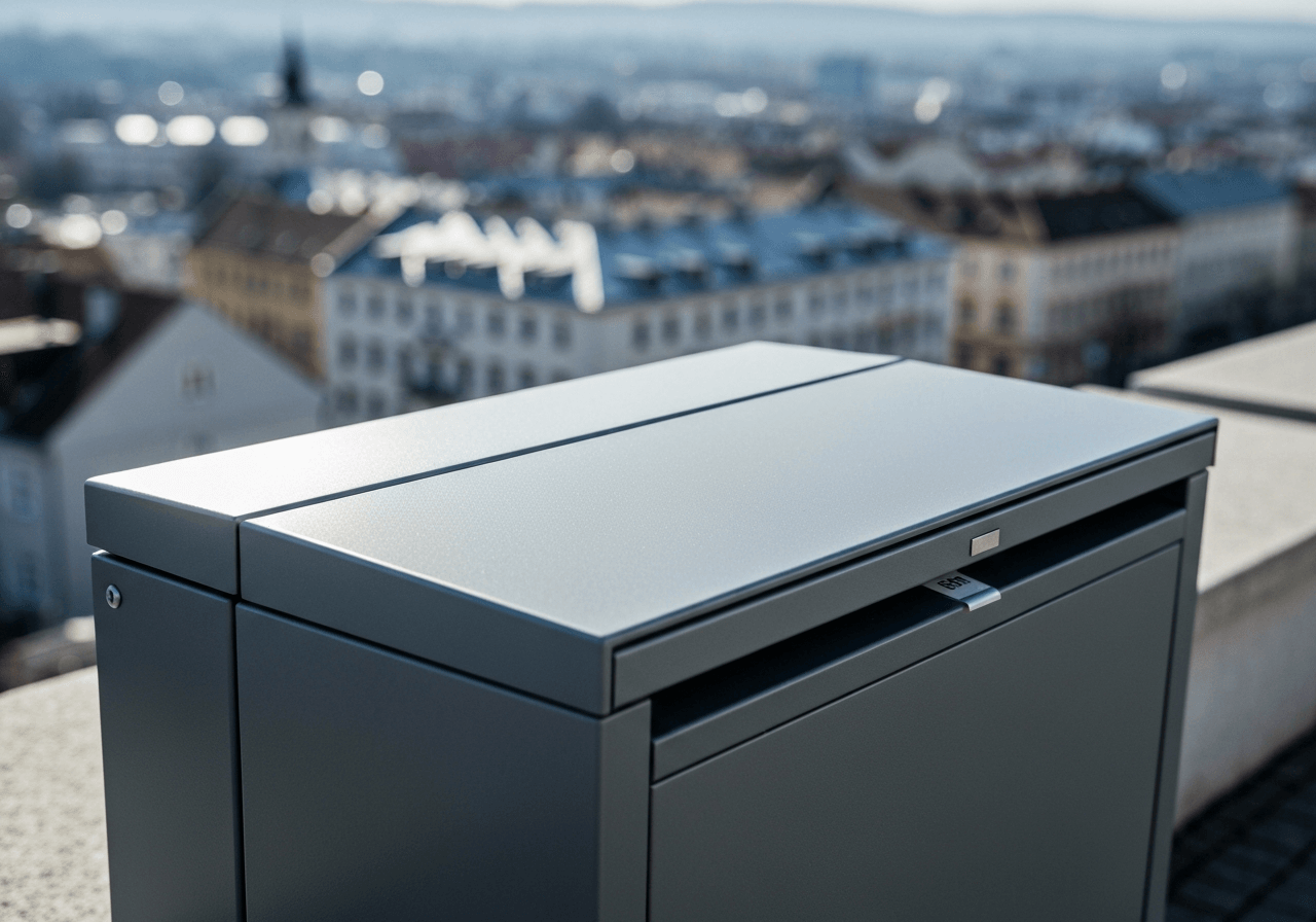 A high-angle close-up of a modern parcel delivery box in an urban setting, blurred cityscape of Karviná in the background, editorial photography, clean aesthetic, soft natural daylight, 85mm lens, highly detailed, no text, no letters