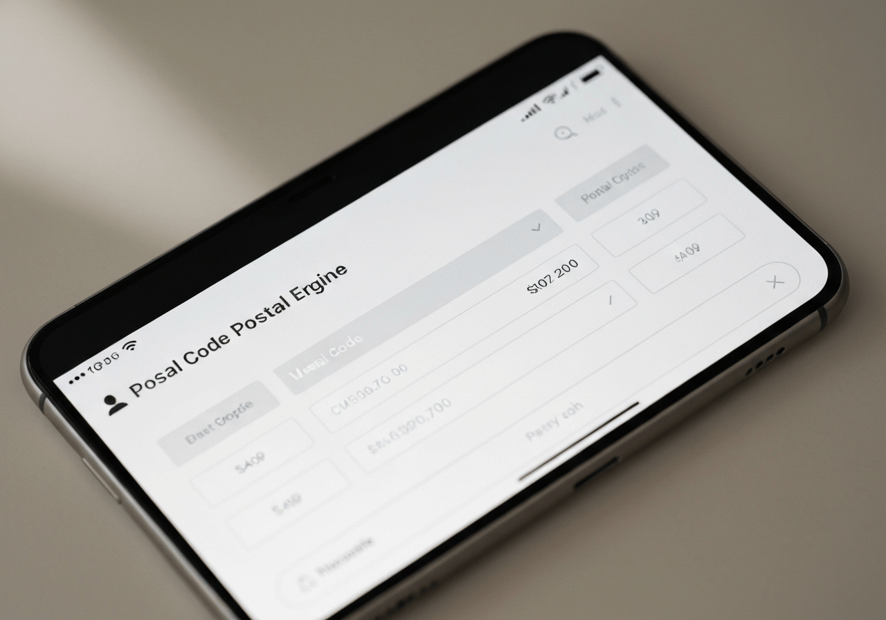 A professional digital interface on a smartphone screen showing a clean, modern postal code search engine, soft natural light, shallow depth of field, 85mm lens, high-end editorial aesthetic, no text, no words, no letters.