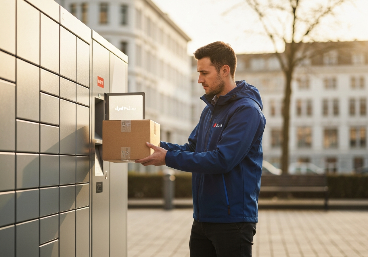 A professional courier placing a cardboard parcel into a secure, modern DPD Pickup locker in a clean urban environment, high-end editorial photography, soft morning light, 85mm lens, blurred street background, no text, no letters