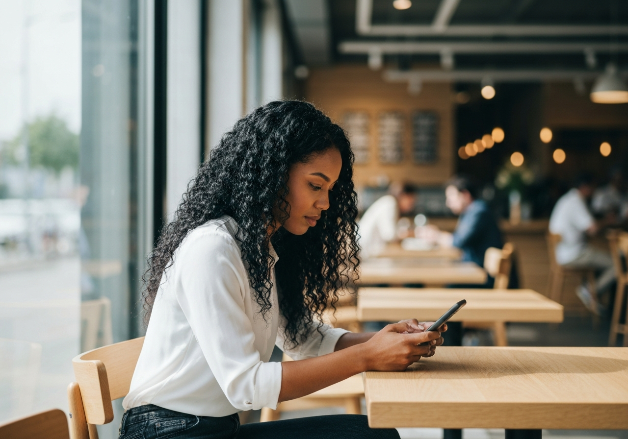 A person using a smartphone to find a local parcel shop on a map in a modern, sunlit cafe, soft natural light, depth of field, premium editorial style, 85mm lens, no text, no words, no letters