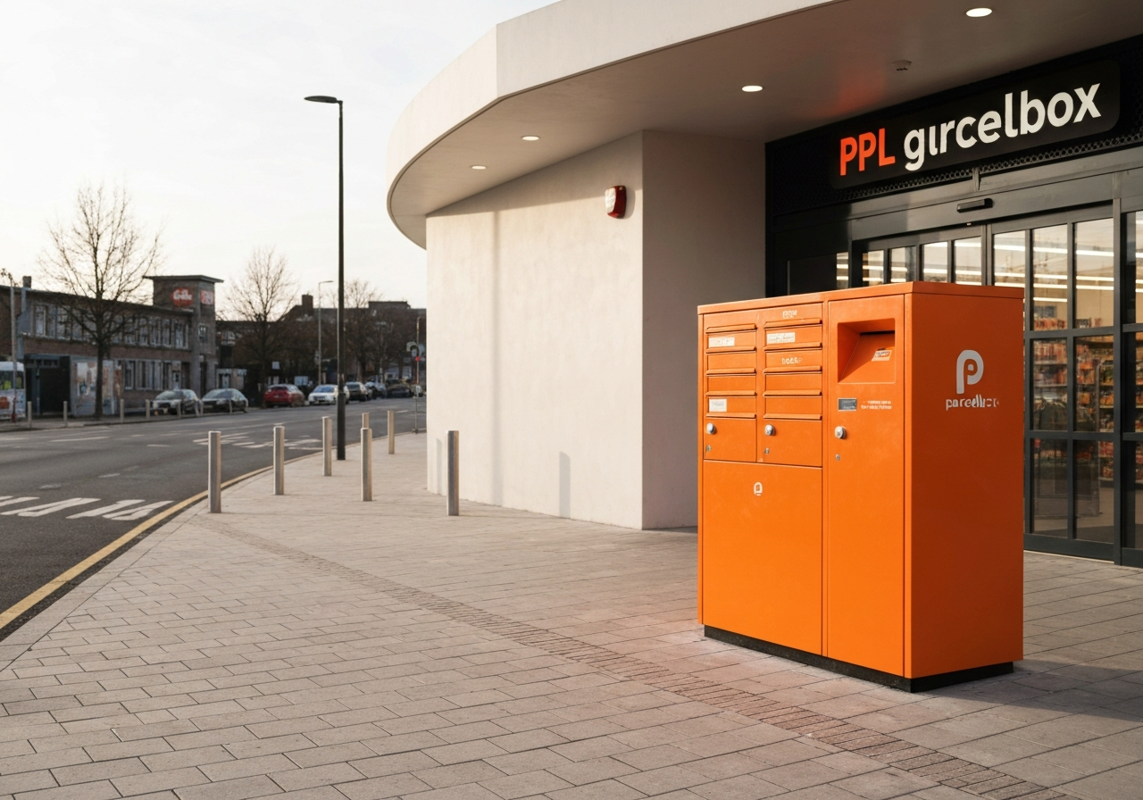 A modern PPL Parcelbox located in a clean urban environment near a grocery store, soft natural light, editorial photography style, 85mm lens, high detail, no text, no words, no letters