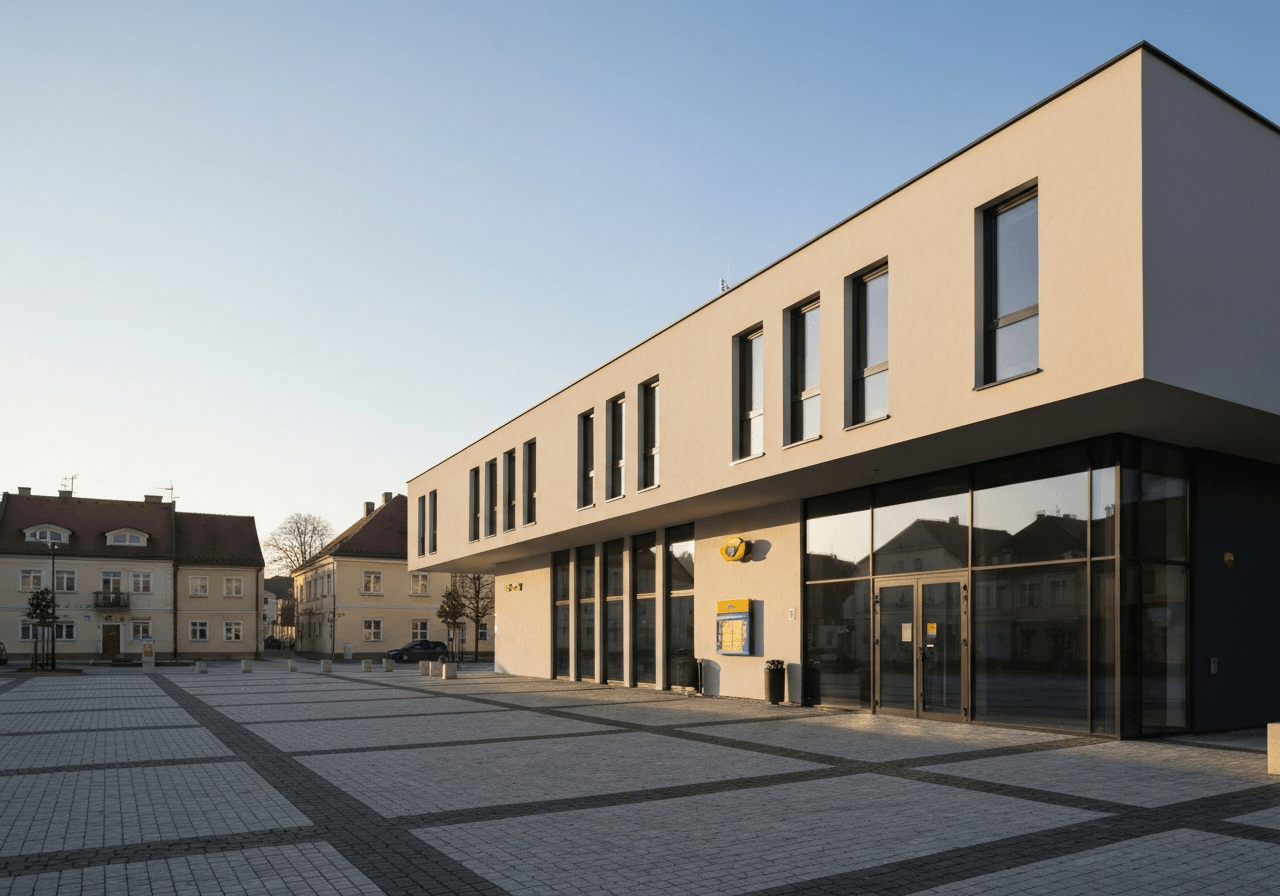 Pošta Třemošnice: Funguje spolehlivě? (Velký test) 2 Exterior view of a modern Czech post office building in a quiet town square, clean architecture, editorial photography, soft natural morning light, 85mm lens, high resolution, no text, no words, no letters