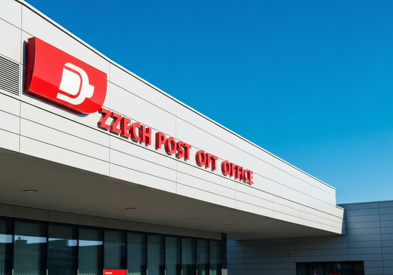 A clean, modern exterior of a Czech post office building on a sunny day, red and white signage visible, architectural photography, soft natural light, 85mm lens, high resolution, no text, no letters