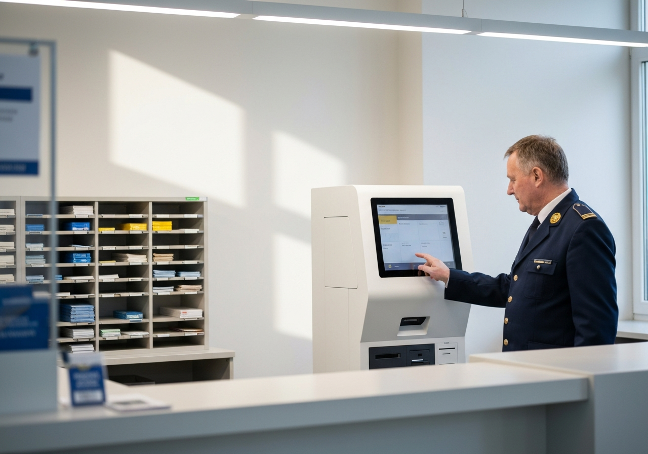 Editorial photography, a professional office counter at a Czech post office with a person interacting with a modern service terminal, clean, organized environment, soft natural light, 85mm lens, highly detailed, no text, no words, no letters