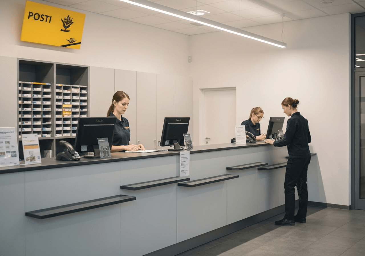 A high-quality editorial shot of a clean, modern post office service counter, focus on the organized interior of a Czech postal branch, soft natural light, 85mm lens, depth of field, no text, no words, no letters.