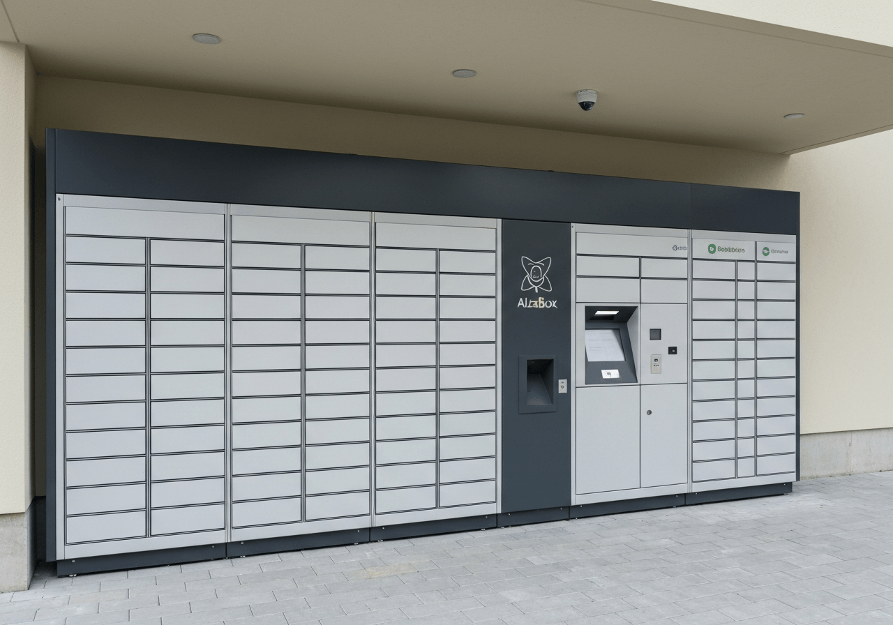 A professional logistics delivery station featuring a modern automated parcel locker (AlzaBox) and a Balíkovna service point, clean urban environment, soft natural daylight, architectural photography, 85mm lens, high resolution, no text, no letters.