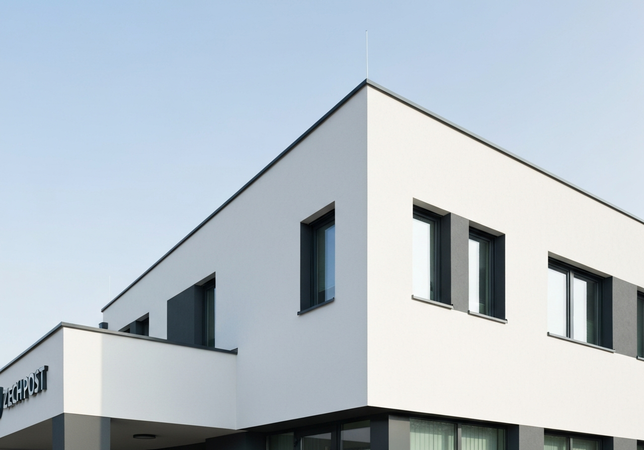 A professional exterior shot of a modern Czech Post branch building in Štětí during a clear day, clean architectural lines, soft natural daylight, 85mm lens, high resolution, minimalist style, no text, no letters.