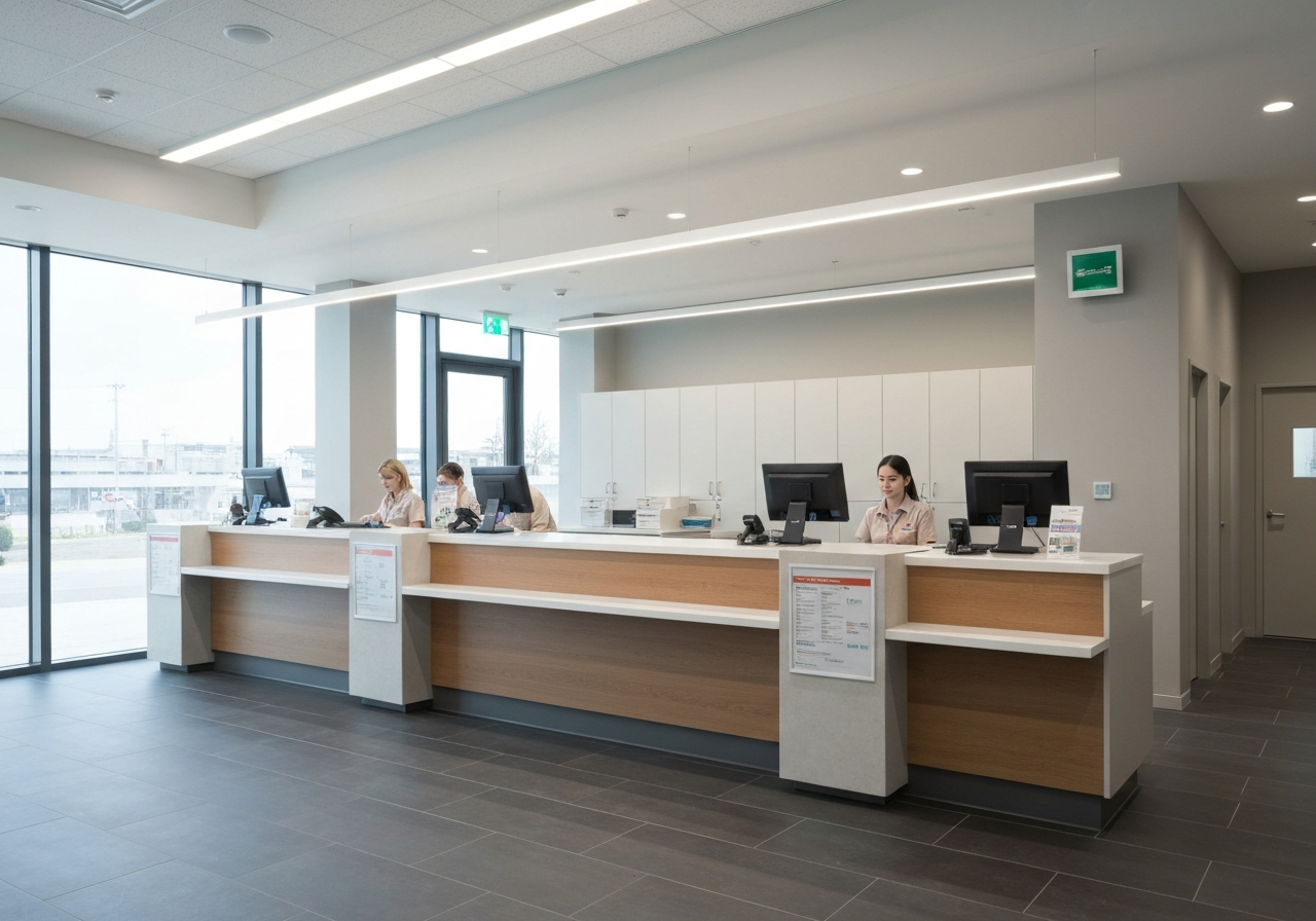 A professional, modern postal office interior with a clean service counter and organized space, editorial photography, soft natural lighting, 85mm lens, high resolution, professional atmosphere, no text, no words, no letters.