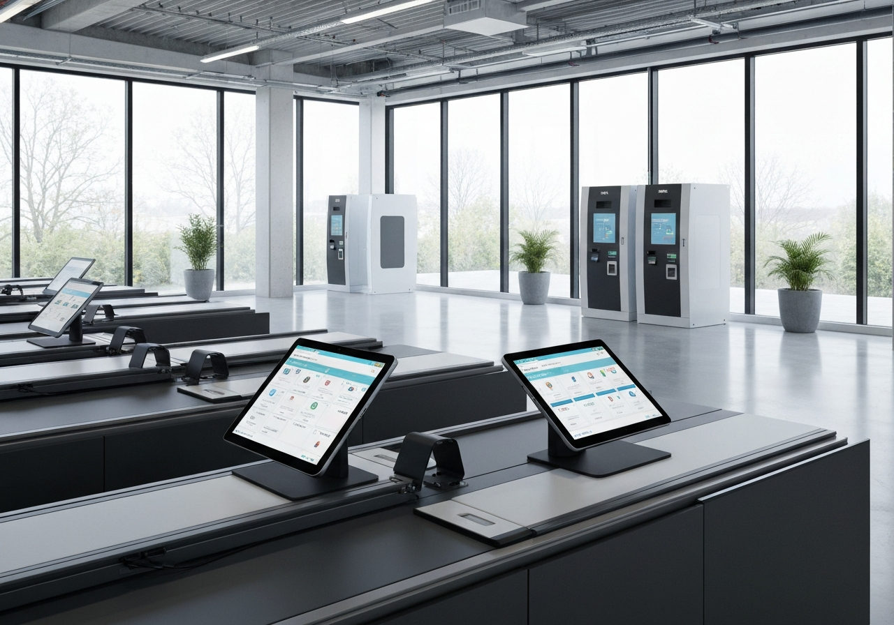 A professional logistics warehouse with digital tracking interfaces on tablet screens and automated parcel kiosks in the background, sleek modern design, editorial photography, soft natural light, 85mm lens, high resolution, no text, no letters