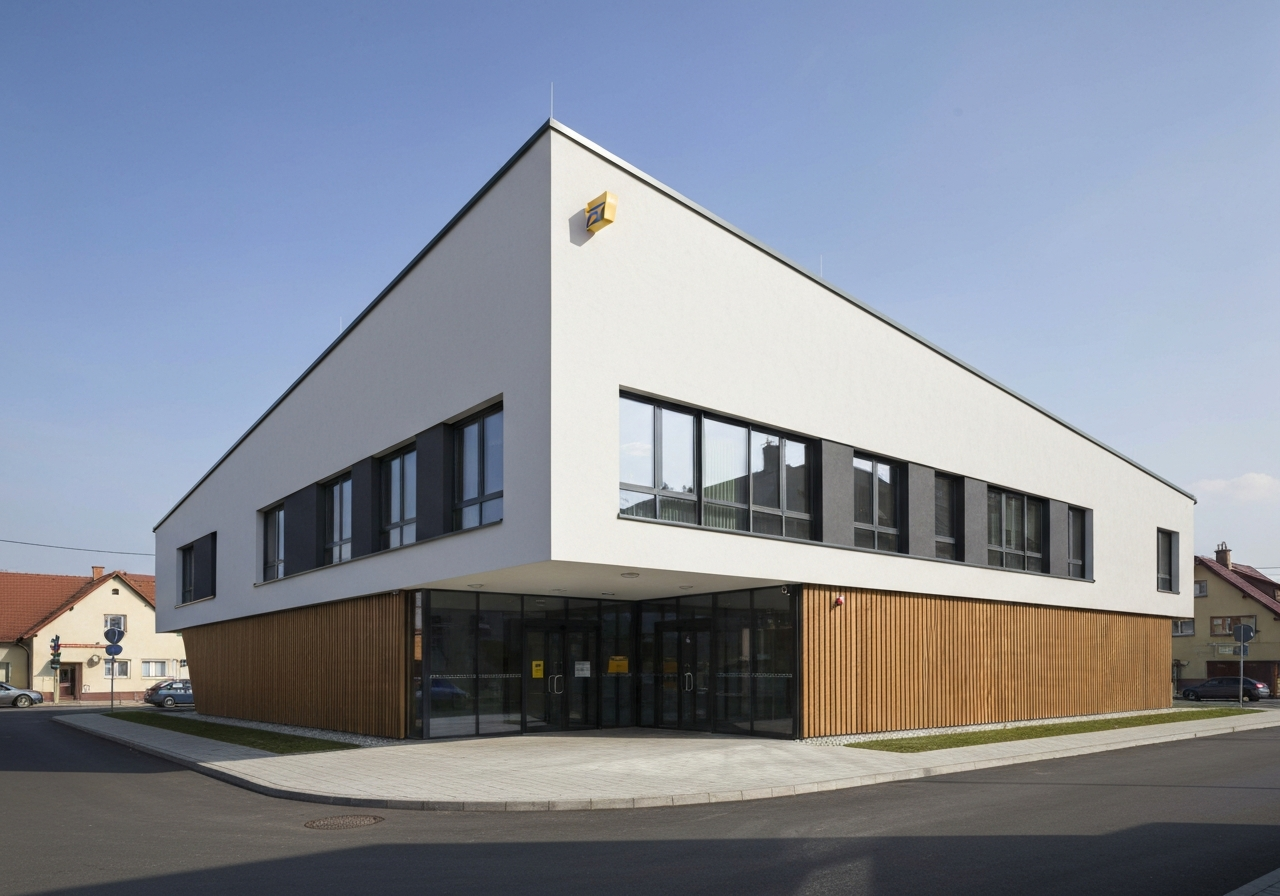 A high-angle editorial shot of a modern Slovak post office exterior in Žiar nad Hronom, crisp architecture, bright daylight, cinematic depth of field, 85mm lens, professional photography, no text, no words, no letters.