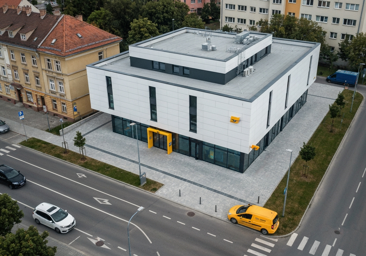 Aerial view of a modern Slovak post office branch, clean architectural design, professional courier vehicle parked in front, bright urban environment, soft natural daylight, 85mm lens, high resolution, cinematic editorial style, no text, no letters