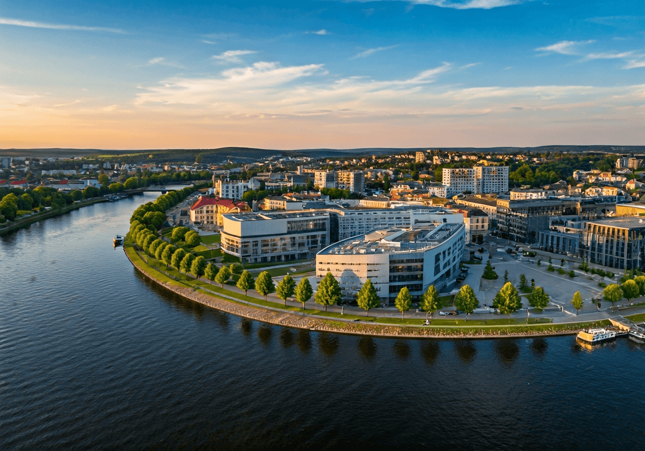 Aerial view of Kralupy nad Vltavou city center with Vltava river, modern infrastructure, clean urban planning, editorial photography, soft natural light, 85mm lens, high resolution, no text, no letters