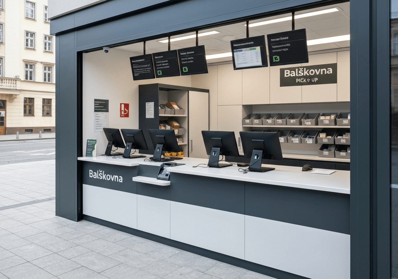 A professional parcel delivery service point in a modern urban environment, clean aesthetic, focus on a neatly organized Balíkovna pick-up counter, soft natural morning light, editorial style, 85mm lens, highly detailed, no text, no letters