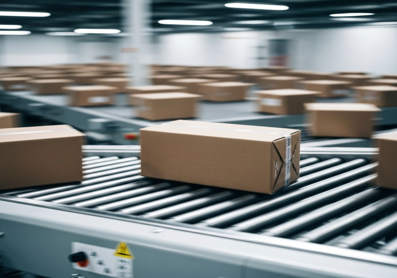 A high-speed industrial automated conveyor belt system in a logistics warehouse, motion blur of parcels, cinematic industrial lighting, sharp focus on a reinforced package, editorial photography, premium look, 85mm lens, no text, no words, no letters
