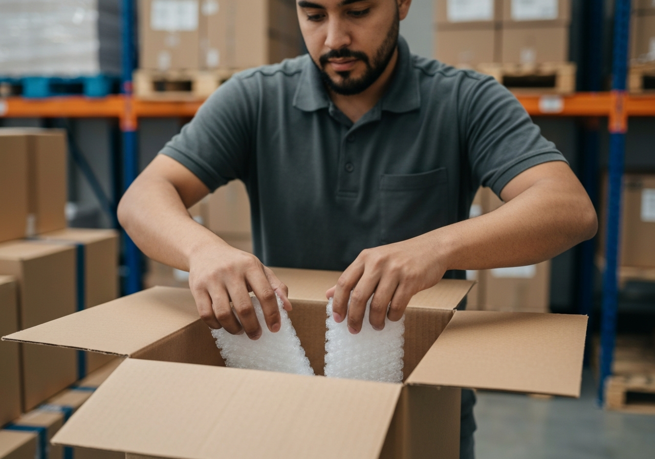 Professional warehouse worker carefully using protective void-fill materials inside a cardboard box, close-up shot, minimalist aesthetic, premium industrial design, soft natural light, 85mm lens, high resolution, no text, no words, no letters