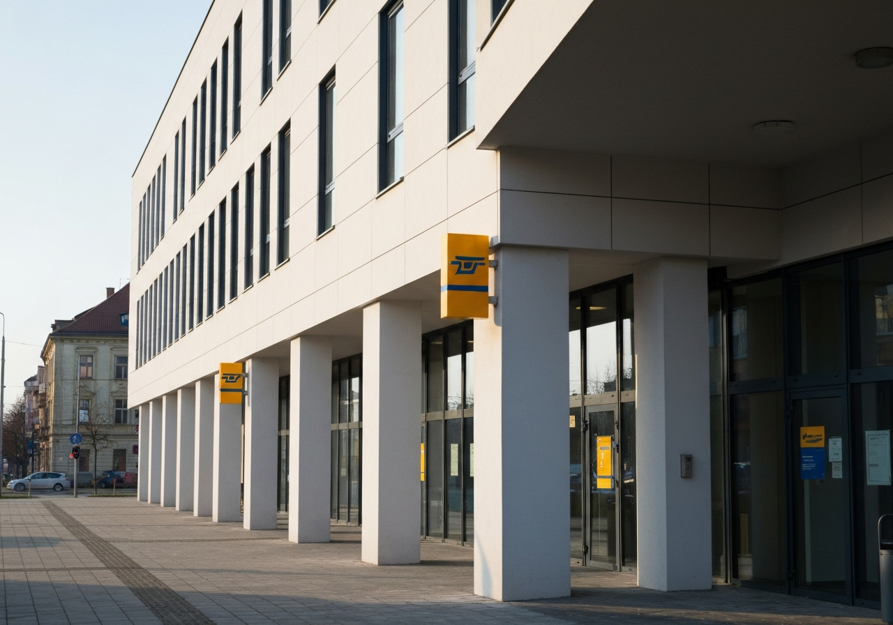 A modern Czech post office exterior with clean signage, bright morning light, professional street photography style, 85mm lens, high resolution, no text, no letters