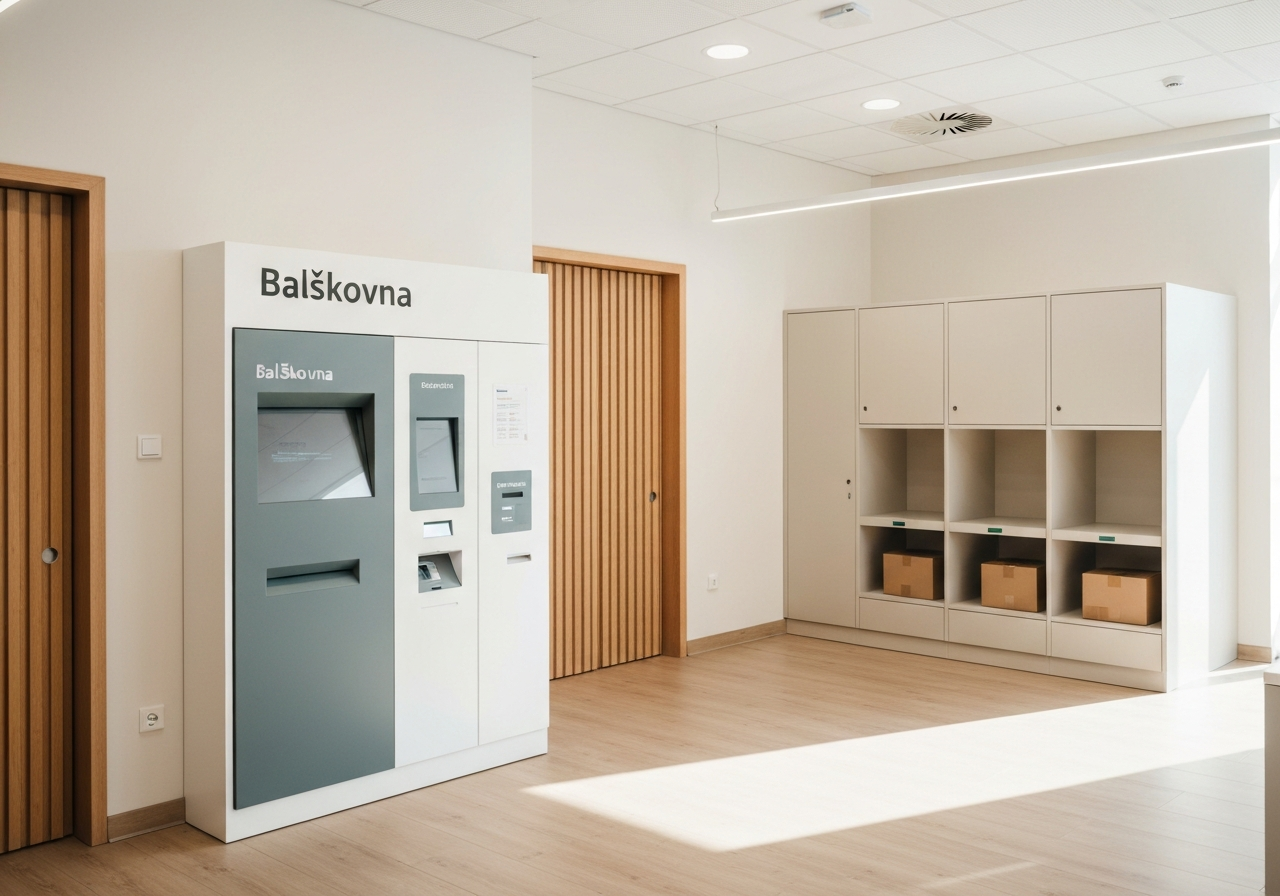 A clean, modern interior of a local postal service branch in Czech Republic, focusing on a dedicated Balíkovna drop-off kiosk and parcel sorting area, professional and minimalist atmosphere, soft natural light, 85mm lens, high resolution, no text, no letters