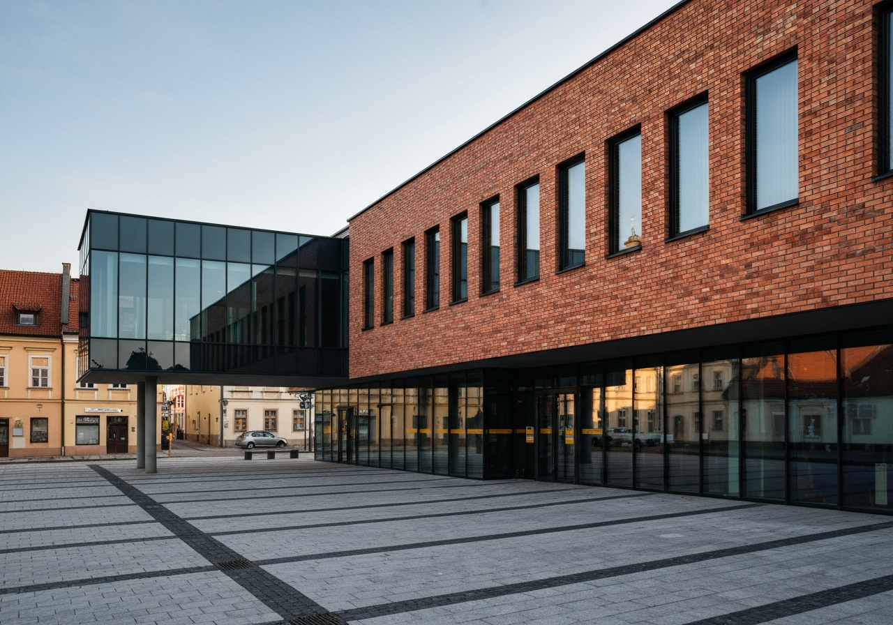 Editorial photography, the exterior of a modern Czech post office building in a quiet town square, soft natural light, high-end architectural aesthetic, 85mm lens, depth of field, no text, no words, no letters