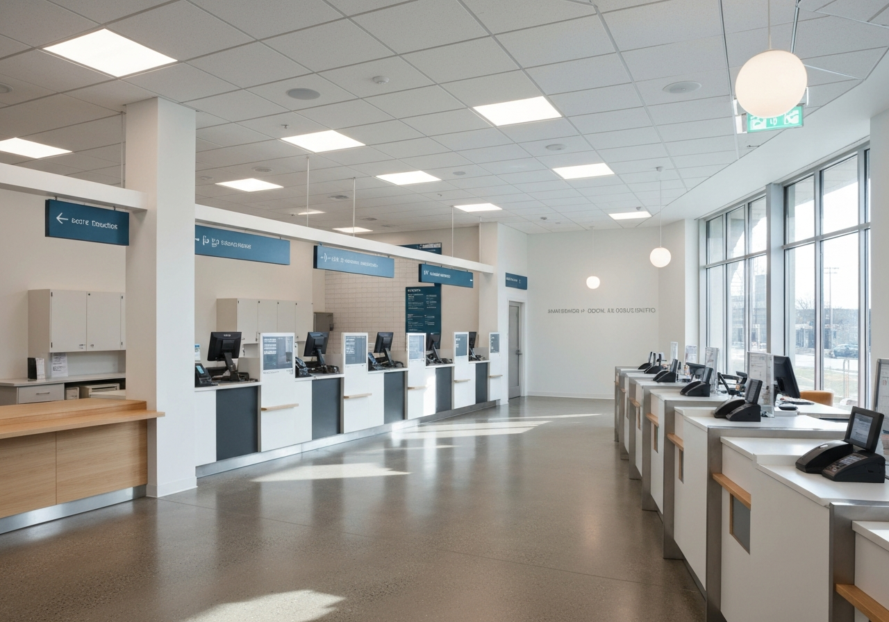 Modern post office interior, sleek signage, organized service counters, bright and clean aesthetic, editorial photography, soft natural light, shallow depth of field, 85mm lens, highly detailed, no text, no letters