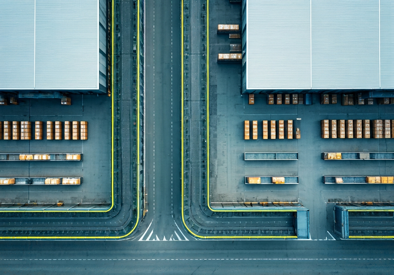 Aerial view of a modern logistics sorting center in the Czech Republic, clear focus on organized distribution paths, clean industrial aesthetic, soft natural daylight, 85mm lens, high resolution, no text, no words, no letters.