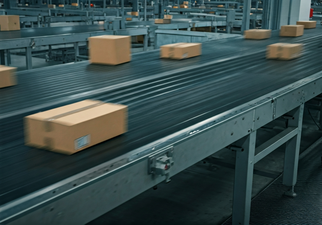 High-angle professional shot of a modern automated postal sorting facility conveyor belt, parcels labeled and moving in a organized pattern, cinematic lighting, premium editorial style, 85mm lens, sharp focus, no text, no letters.