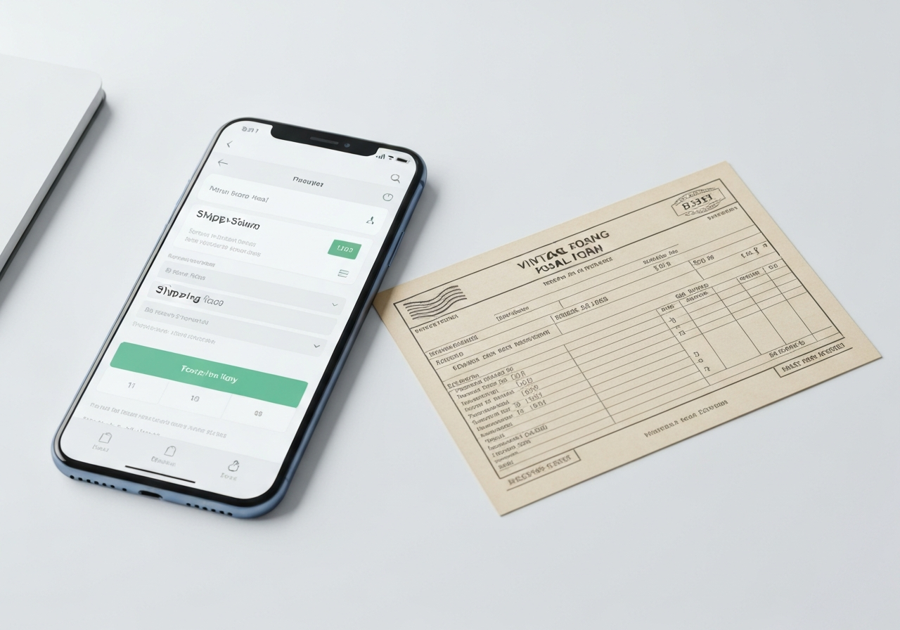 A split composition showing a modern smartphone app interface displaying a shipping label on the left and a vintage paper postal form on the right, clean minimalist office desk, soft natural light, 85mm lens, high resolution, no text, no letters