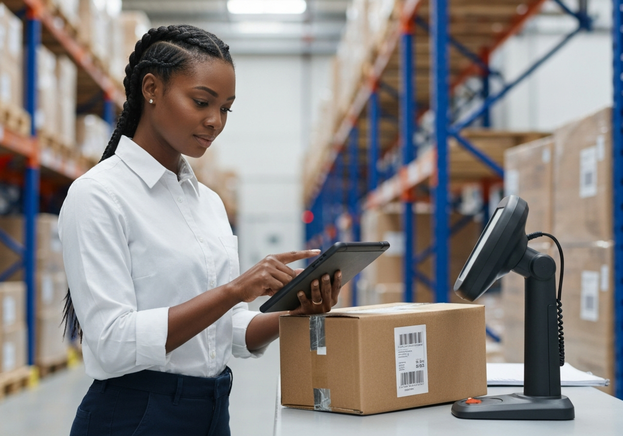 A professional logistics manager using a modern tablet to scan a barcode on a parcel, high-tech warehouse environment, soft natural light, premium editorial style, 85mm lens, no text, no words, no letters