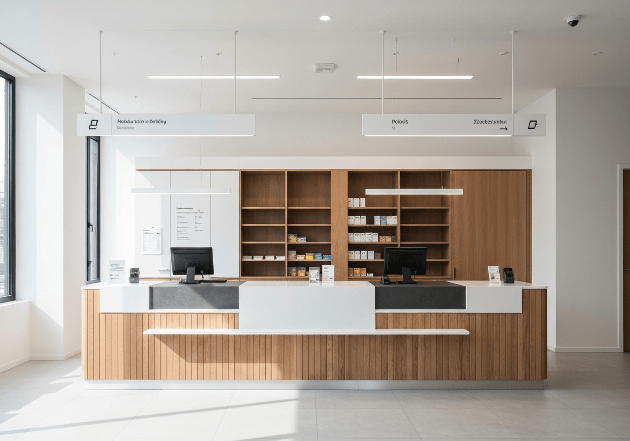 A clean, minimalist view of a modern Czech post office counter interior with warm wooden accents and organized signage, professional editorial aesthetic, soft natural light, 85mm lens, high resolution, no text, no words, no letters.