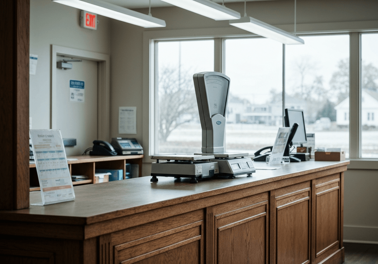 A professional interior view of a small-town post office counter, clean aesthetic, focus on postal scales and parcel processing, soft natural light, editorial photography, 85mm lens, high resolution, no text, no letters, no labels.