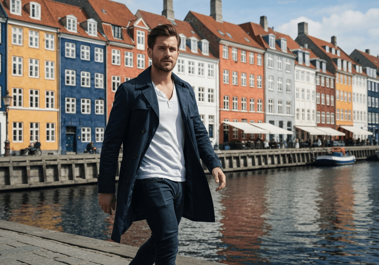 A stylish traveler walking through a sunny Copenhagen street without luggage, architectural background of colorful Nyhavn houses, cinematic lighting, editorial style, 85mm lens, high quality, no text, no letters
