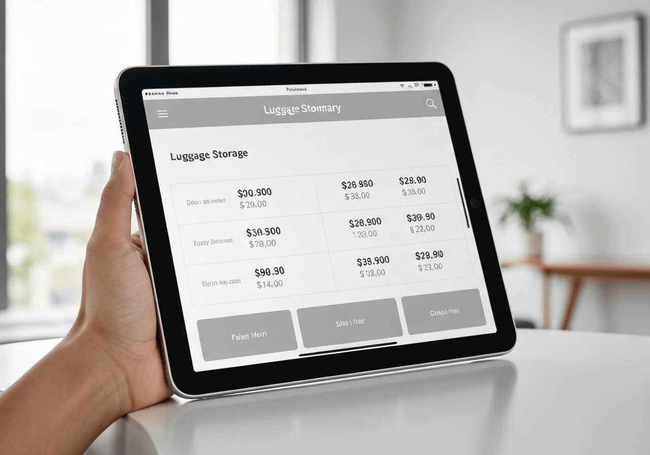 A close-up of a digital tablet showing a transparent pricing summary for luggage storage, modern minimalist office background, editorial photography, soft natural light, 85mm lens, highly detailed, no text, no letters