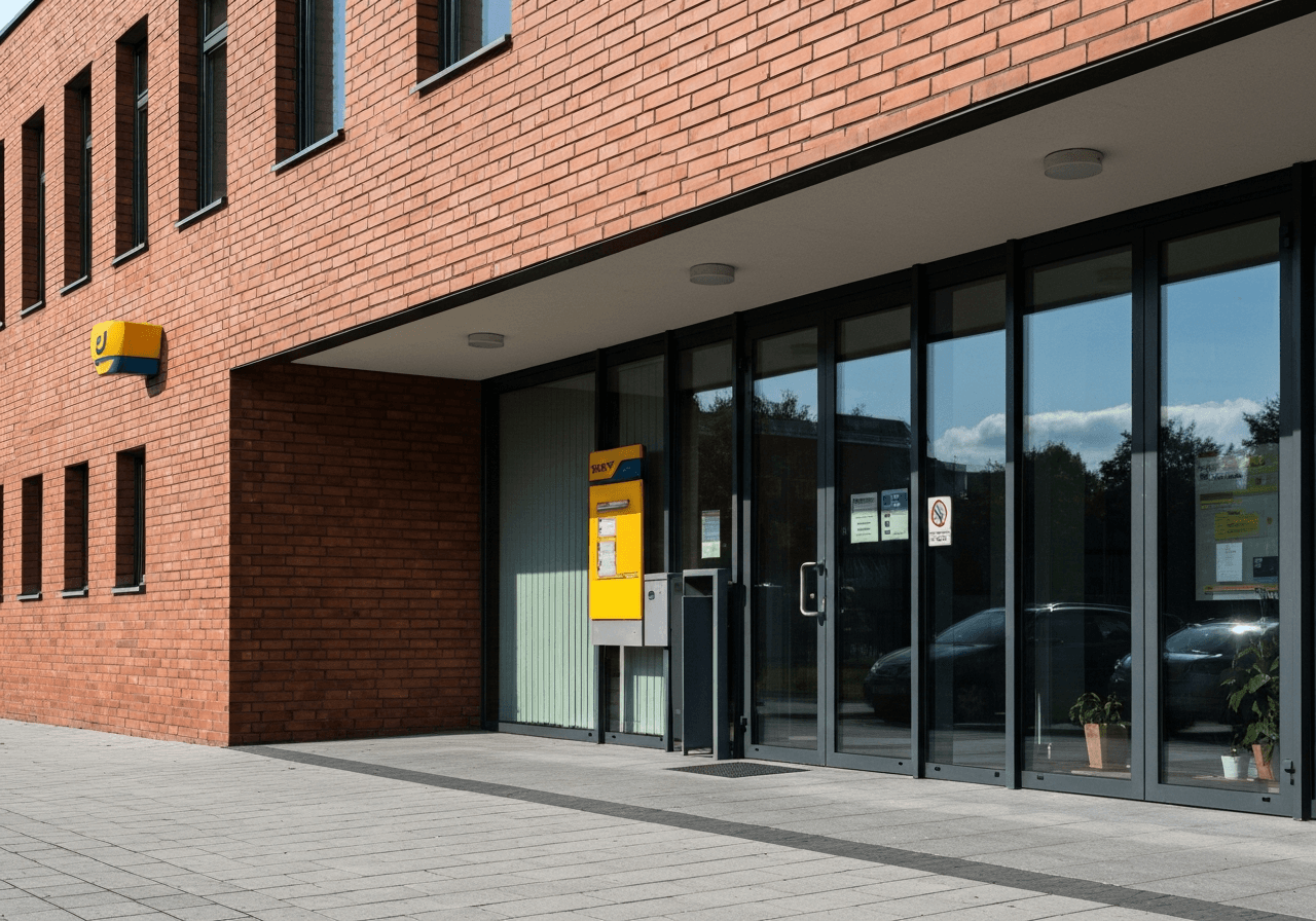 Pošta Veselí nad Lužnicí: Rychlý průvodce (Bez čekání) 2 A clean, minimalist exterior of a modern Czech post office branch, brick building architecture, bright daylight, cinematic editorial photography, shot on 85mm lens, high resolution, professional composition, no text, no words, no letters