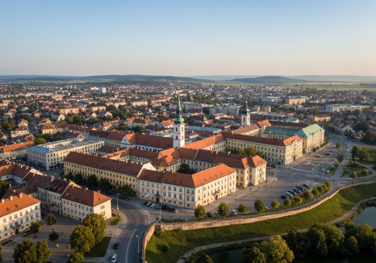 Aerial view of Detva city center in Banskobystrický kraj, Slovak landscape in the background, soft natural morning light, editorial photography style, high resolution, 85mm lens, no text, no words, no letters